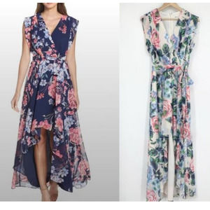 Eliza J High-Low Floral Print V-Neck Belted Chiffon Faux Wrap Maxi Dress